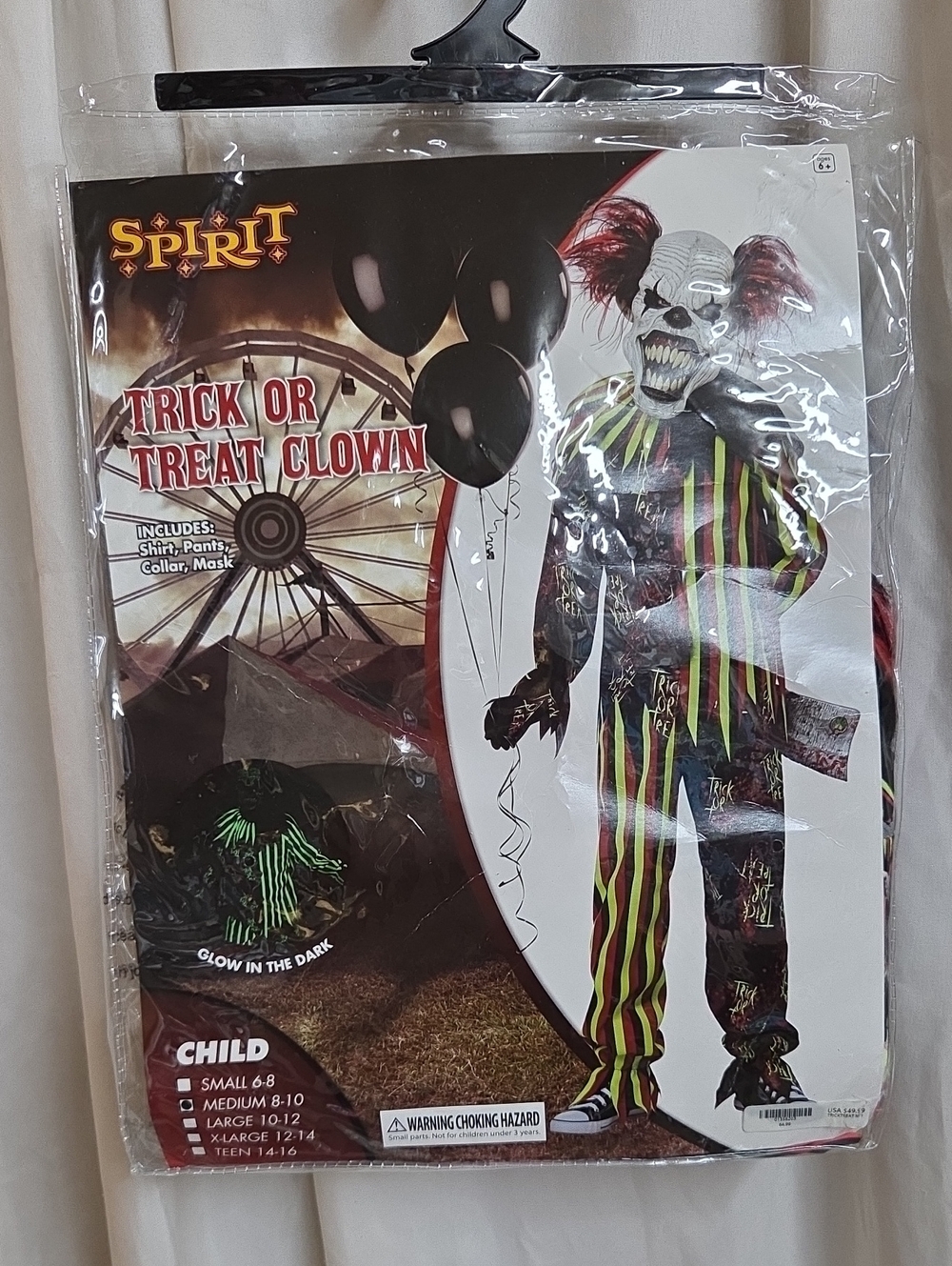 Spirit Glow-in-the-Dark Trick or Treat Clown Child Costume M 8-10